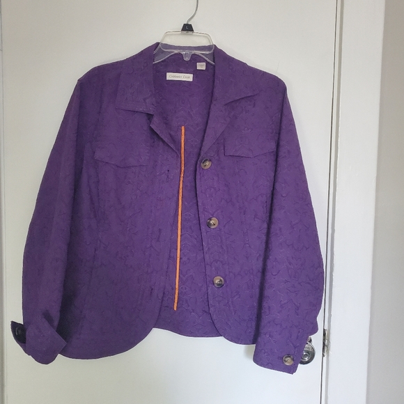 Coldwater Creek Jacket Purple Embroidered Print Collared Buttons Pockets Size 14 - Picture 9 of 10